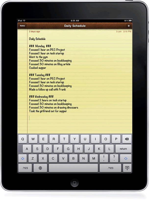 iPad schedule with Apple notes